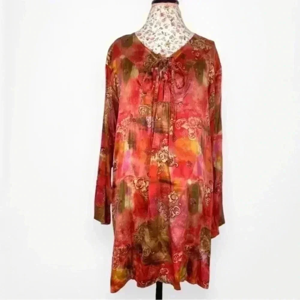 Vintage Victoria's Secret Gold Label Tunic Mini Dress Lace Up Silk Long Sleeve S